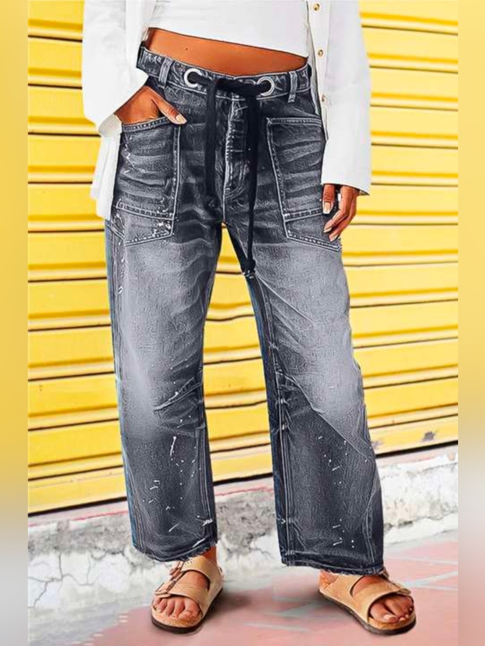 Flamingals Drawstring Grommet Eyelet Barrel Jeans 2XL
